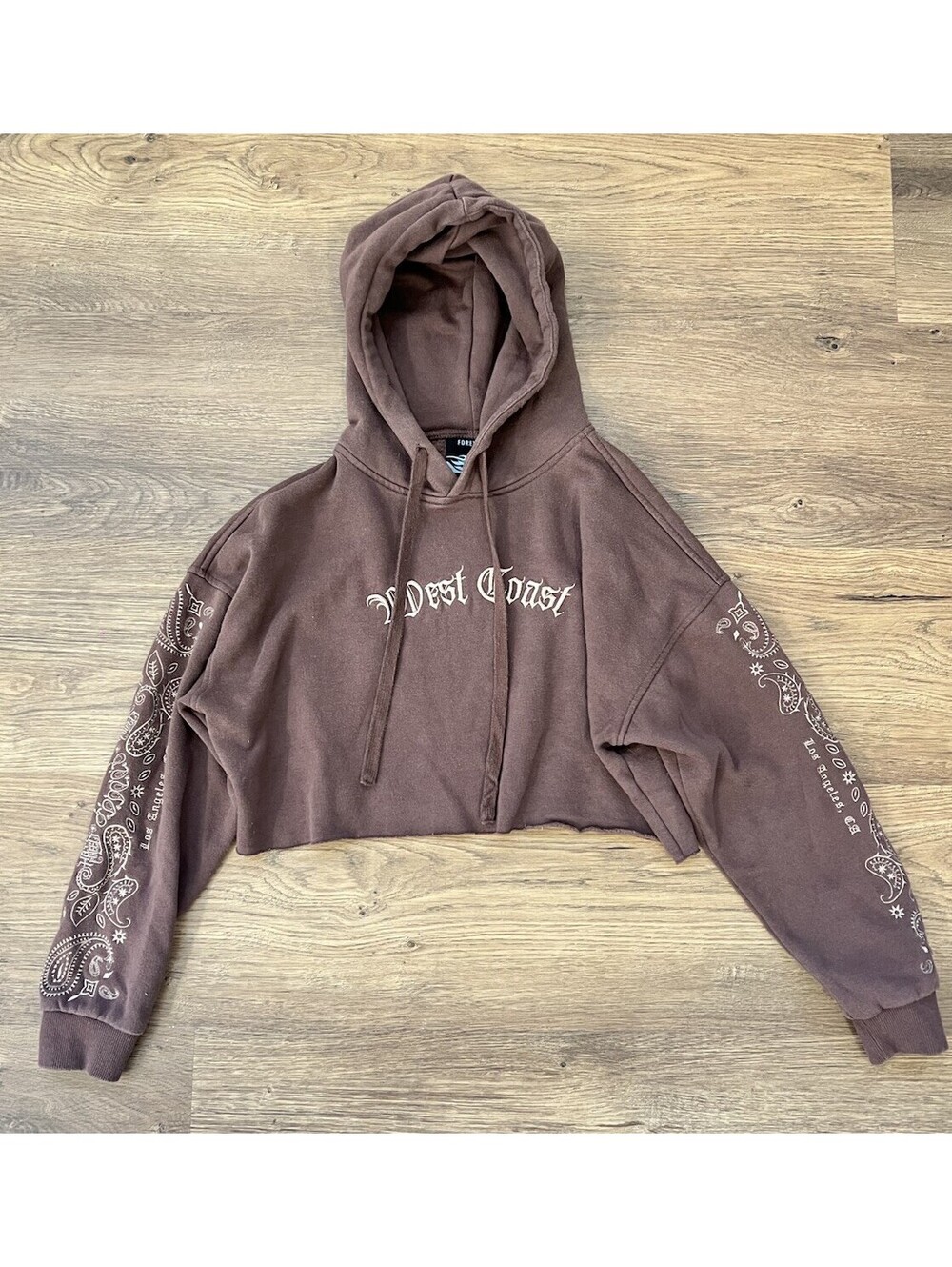 Forever 21 Hot Wheels Brown Cropped Hoodie Small West Coast Paisley Sleeve S